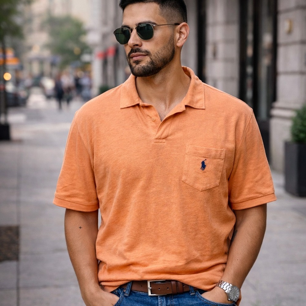 Polo Ralph Lauren Linen Blend Buttonless Polo Shirt L Orange Pocket Pony Logo